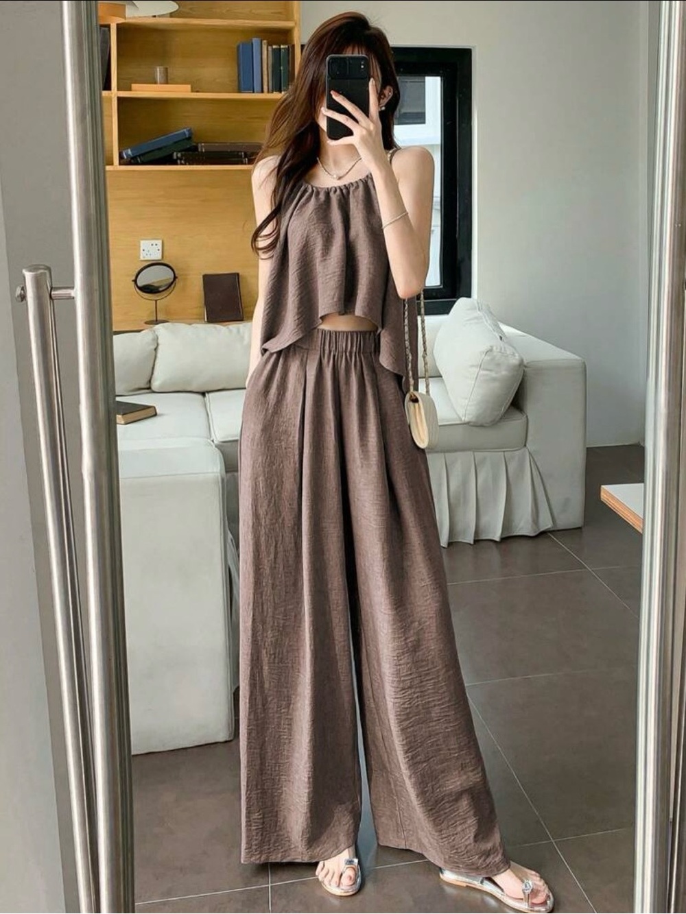 Women’s Tank Top and Wide-Leg Linen Pants Set in Brown